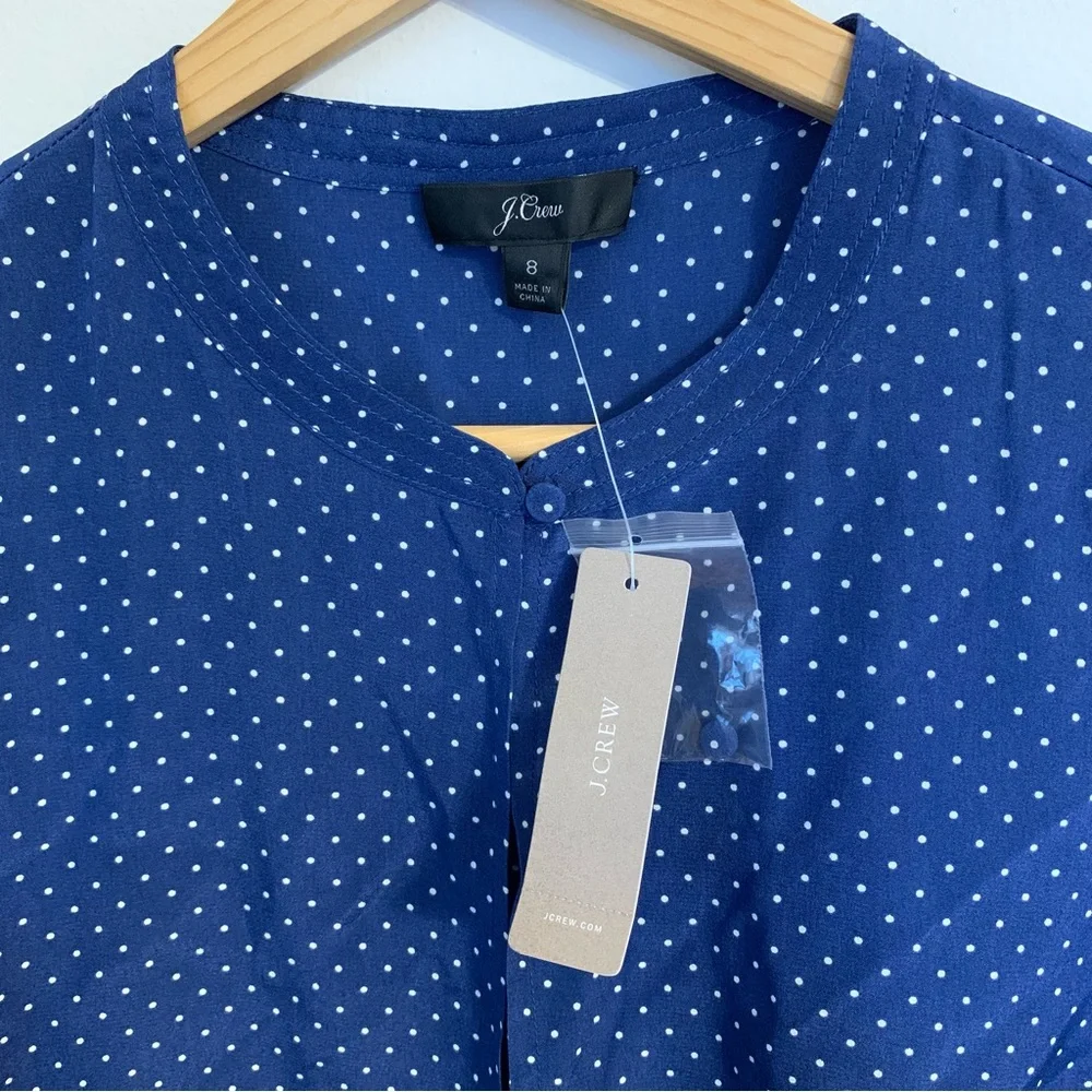 NWT J. Crew 100% Silk Peplum Top in Blue Polka Dot, Size 8